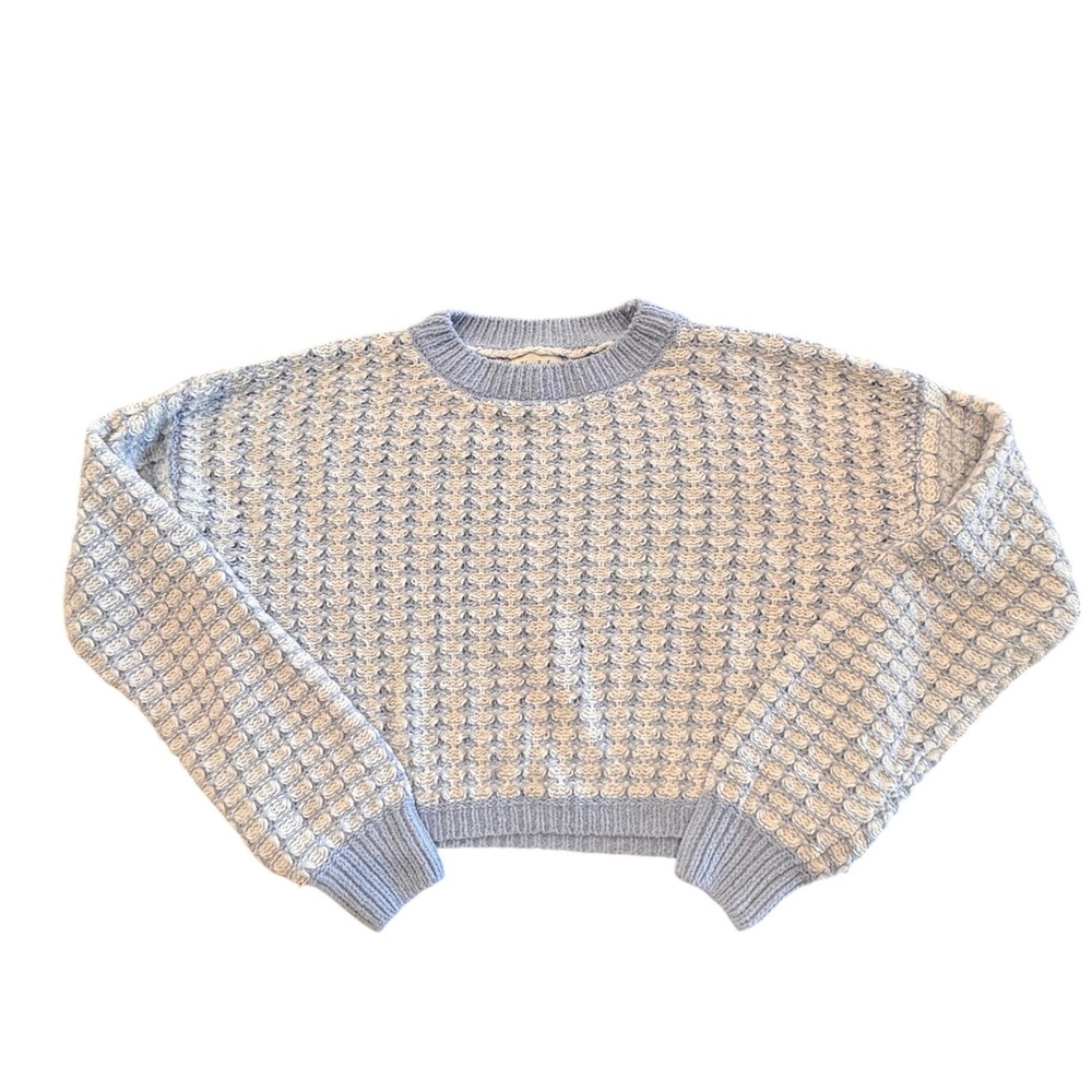 Yarn & Sea Women's Cropped Sweater Waffle Knit Blue & White Size S Coastal Beach